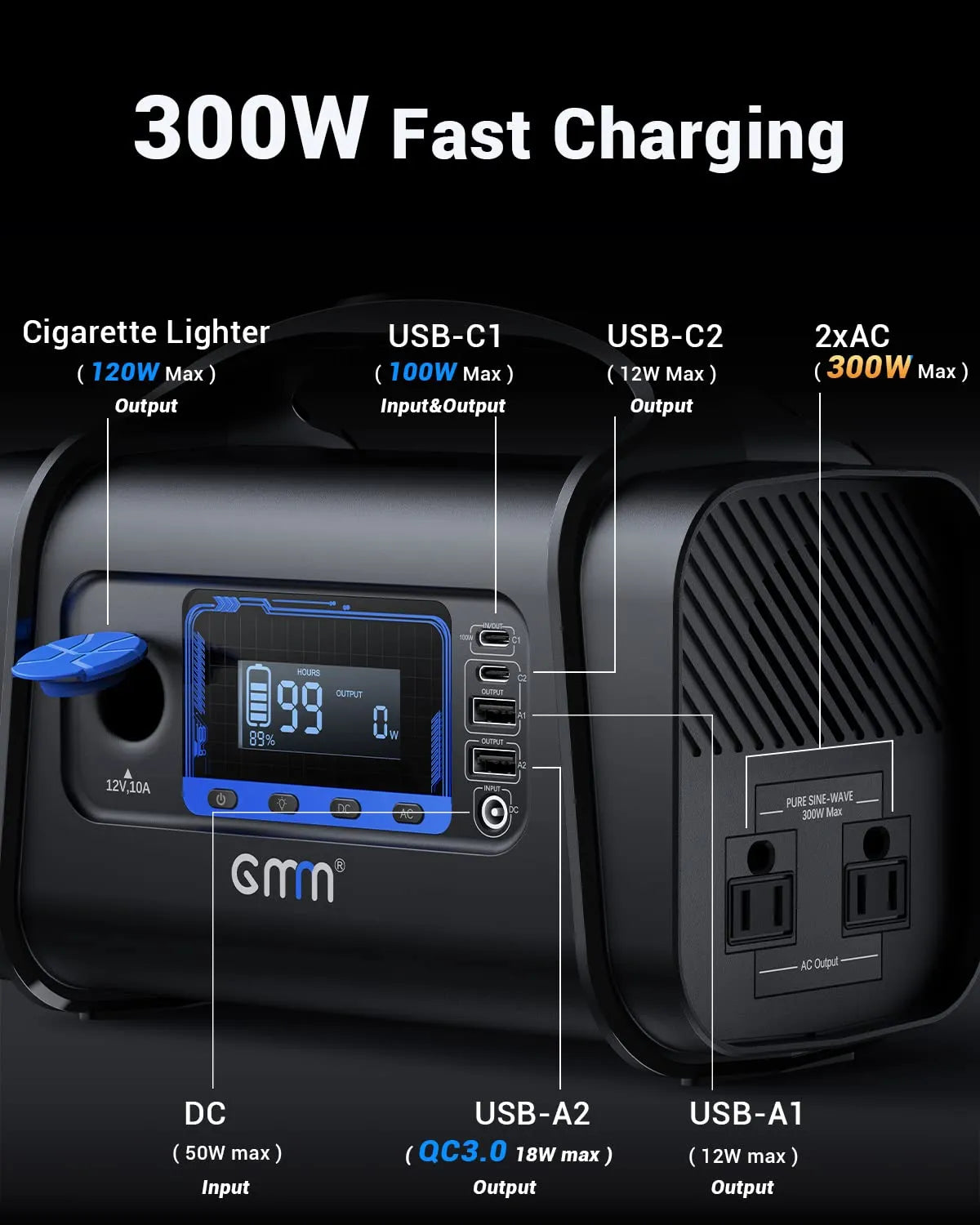 GMM 300W Portable Power Station 296Wh for Outdoors Camping Travel