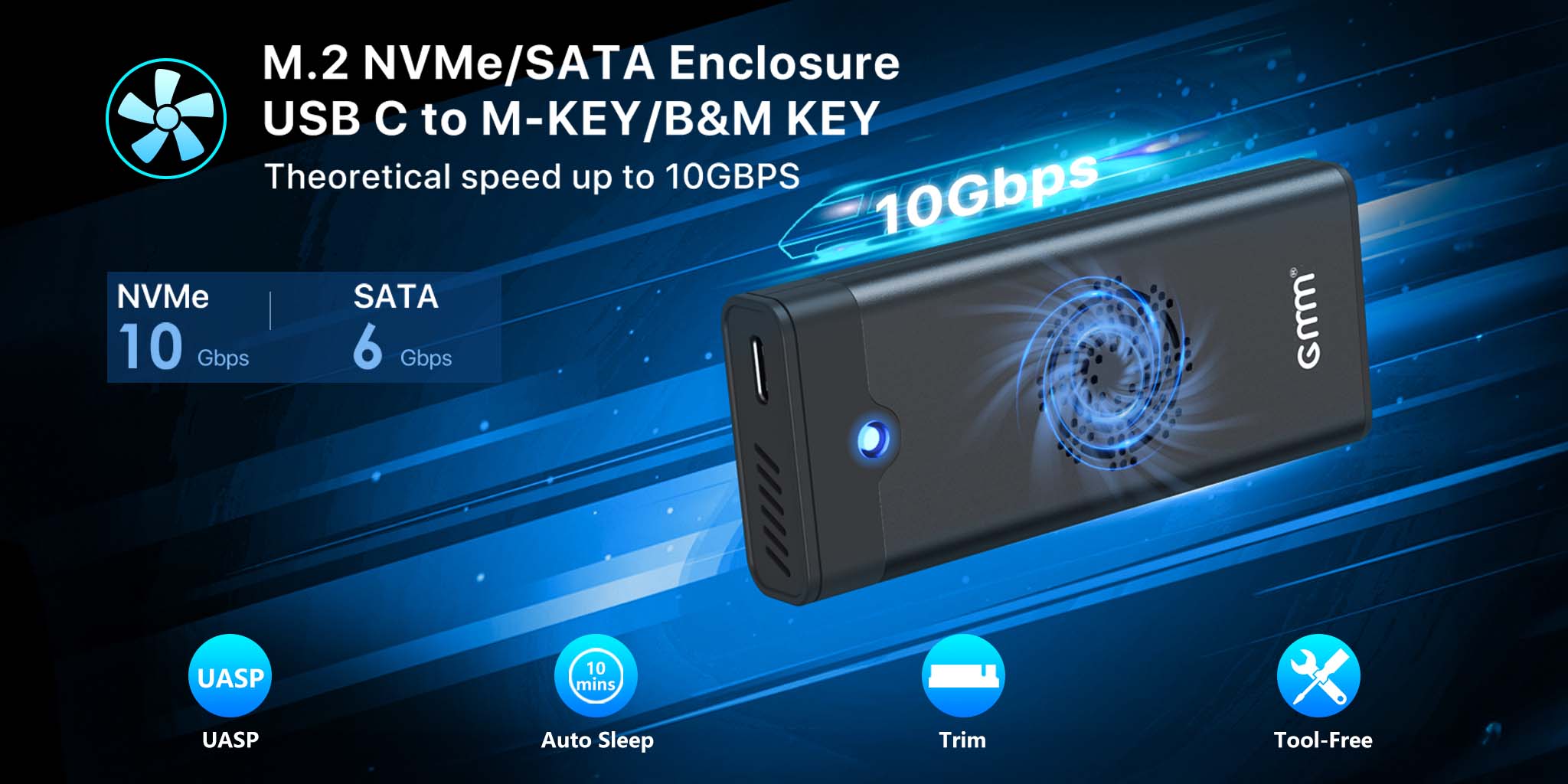 GMM M.2 NVME SATA SSD Enclosure with Cooling Fan